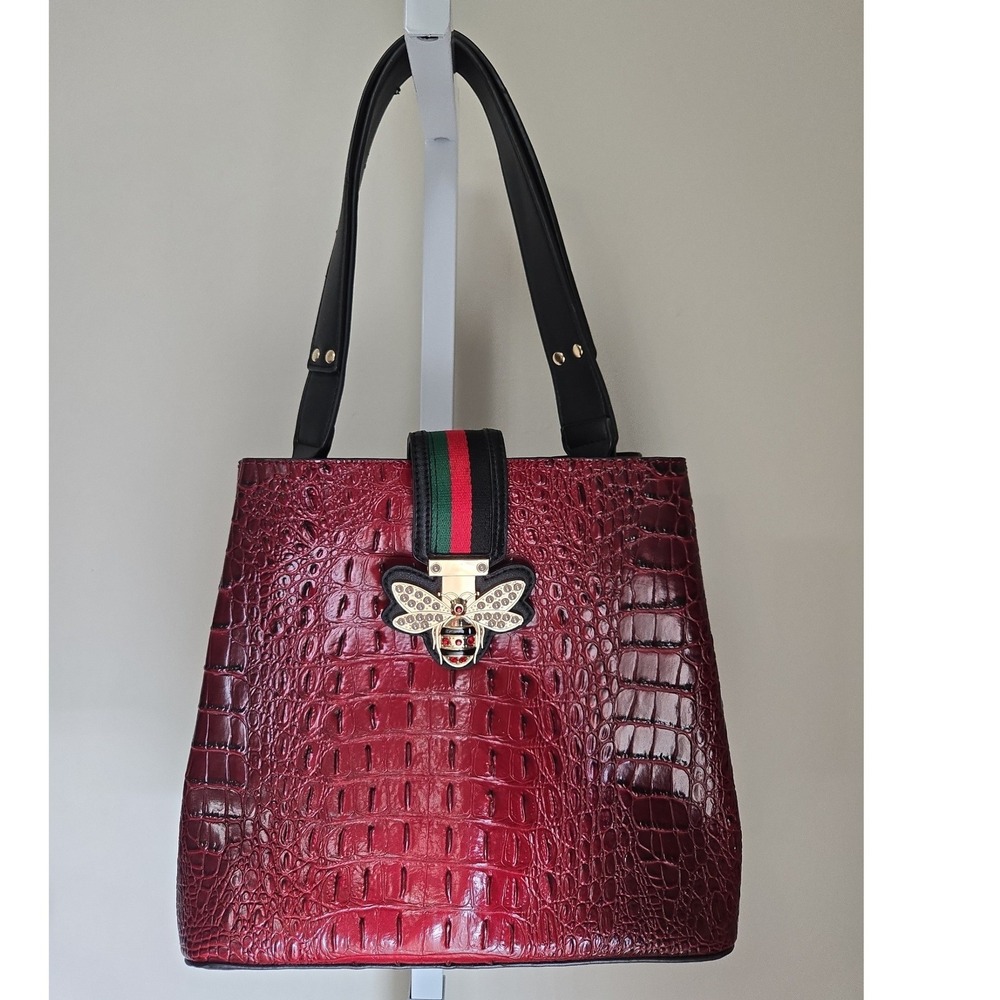 Soulfina Burgundy Croc Bee Clasp Shoulder Bag Pearl Crystal Accent Fun
